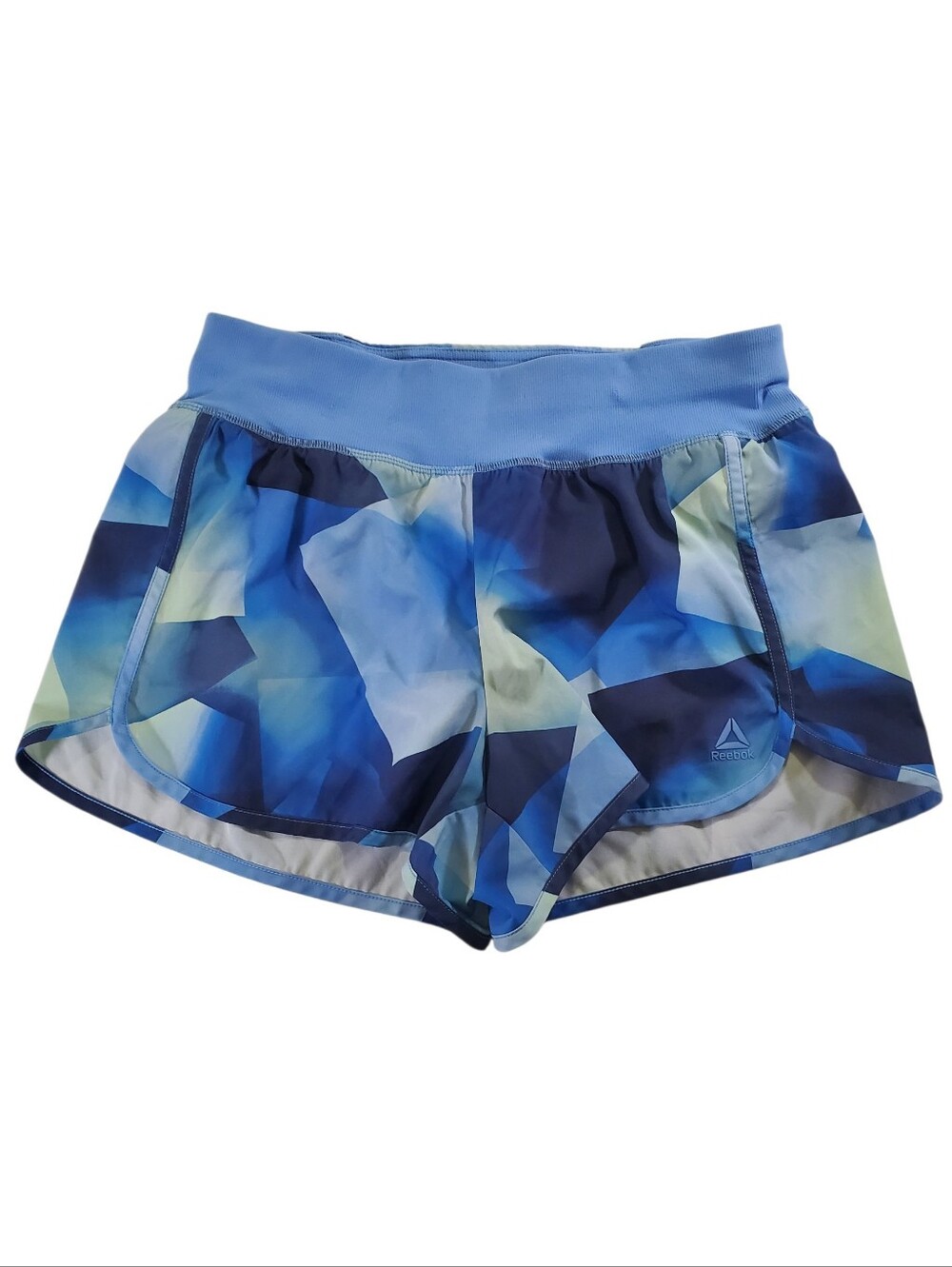 🟢 Reebok Evolution Athletic Running Shorts Geometric Prism Print Blue Size L